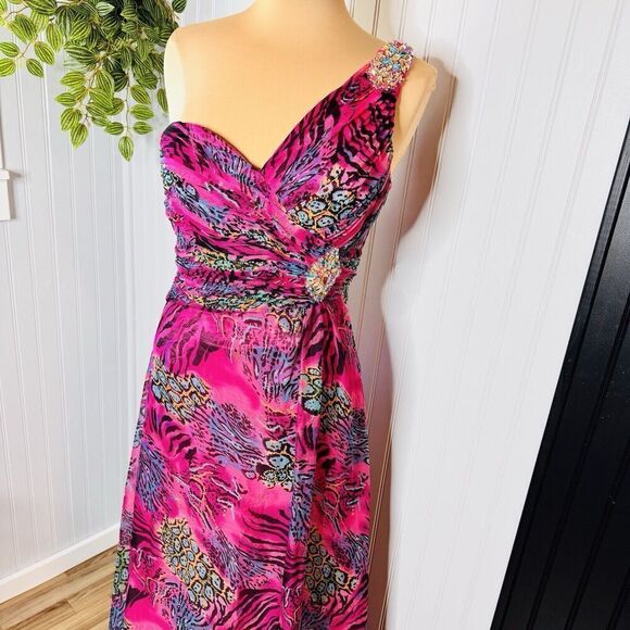 Dreamz by Riva Designs Maxi Gown Sheath Dress One Shoulder Crystal Crazy Animal - Picture 3 of 16
